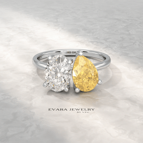 2.25 Carat Oval Diamond & Pear Cut Intense Yellow Diamond Toi Et Moi Two Stone Ring - Evara Jewelry LLC