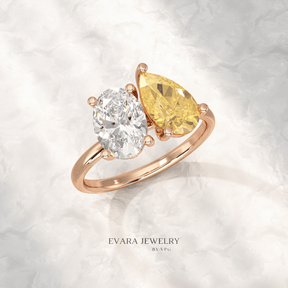 2.25 Carat Oval Diamond & Pear Cut Intense Yellow Diamond Toi Et Moi Two Stone Ring - Evara Jewelry LLC