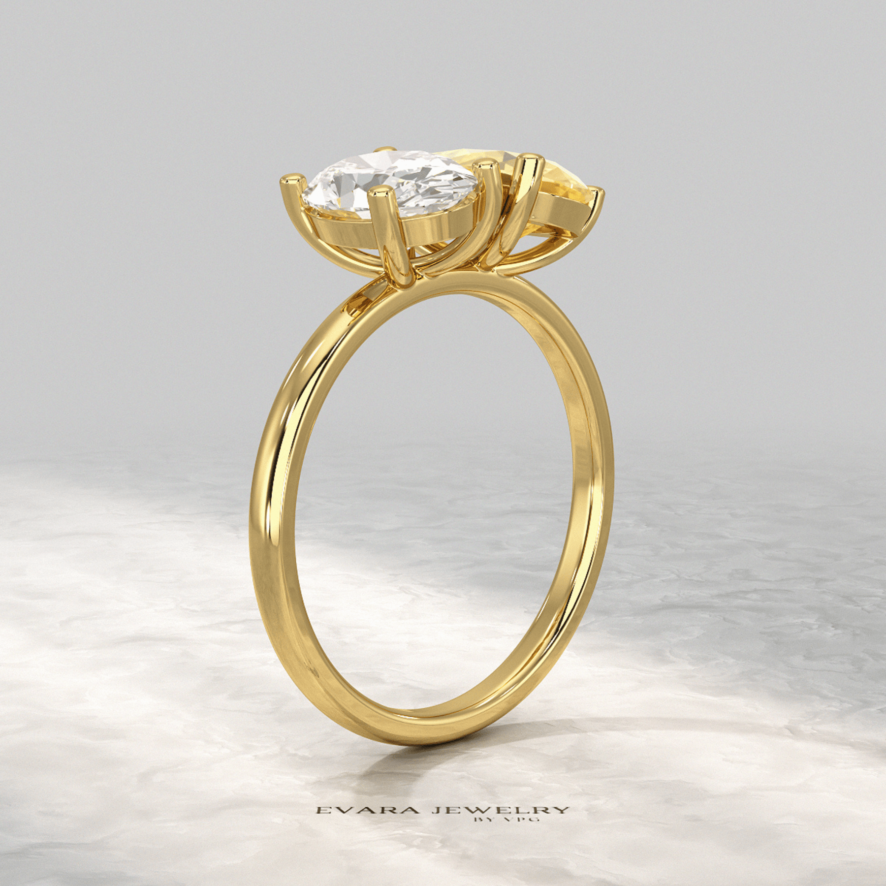 2.25 Carat Oval Diamond & Pear Cut Intense Yellow Diamond Toi Et Moi Two Stone Ring - Evara Jewelry LLC
