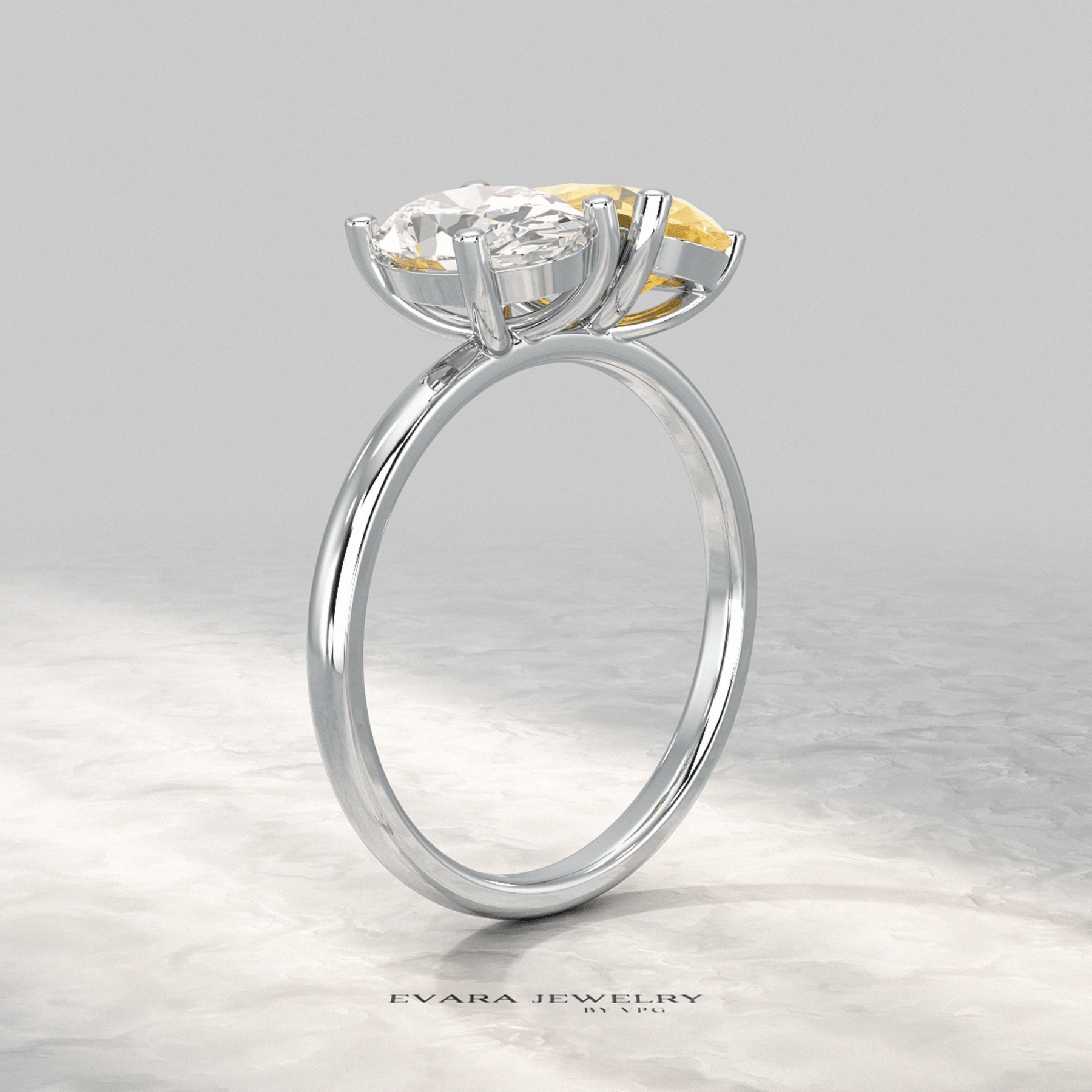 2.25 Carat Oval Diamond & Pear Cut Intense Yellow Diamond Toi Et Moi Two Stone Ring - Evara Jewelry LLC