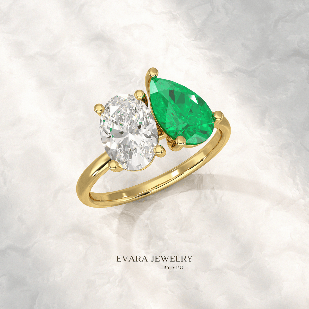 2.30 Carat Oval Cut Diamond & Pear Cut Emerald Toi Et Moi Two Stone Ring - Evara Jewelry LLC
