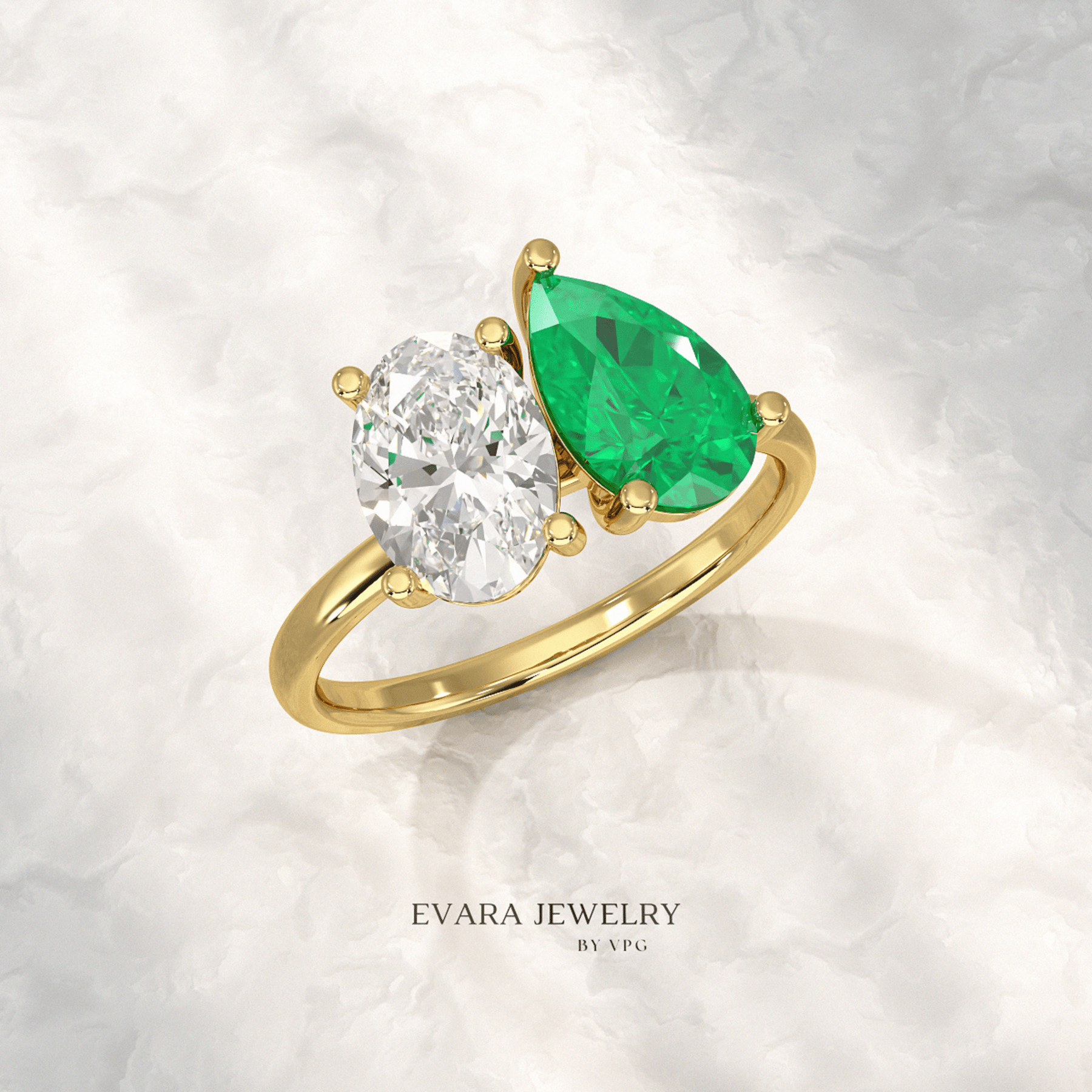 2.30 Carat Oval Cut Diamond & Pear Cut Emerald Toi Et Moi Two Stone Ring - Evara Jewelry LLC