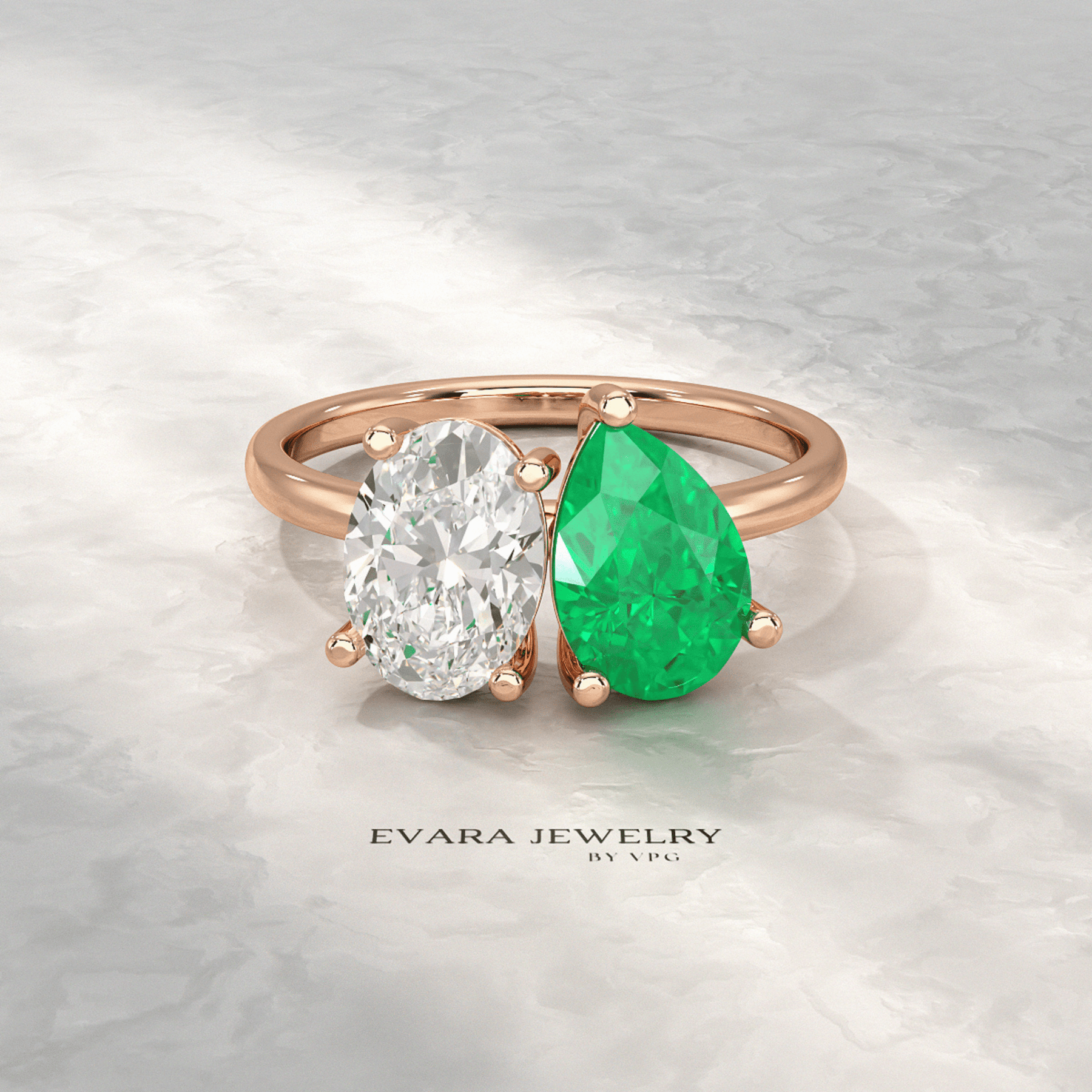 2.30 Carat Oval Cut Diamond & Pear Cut Emerald Toi Et Moi Two Stone Ring - Evara Jewelry LLC