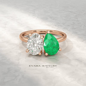 2.30 Carat Oval Cut Diamond & Pear Cut Emerald Toi Et Moi Two Stone Ring - Evara Jewelry LLC