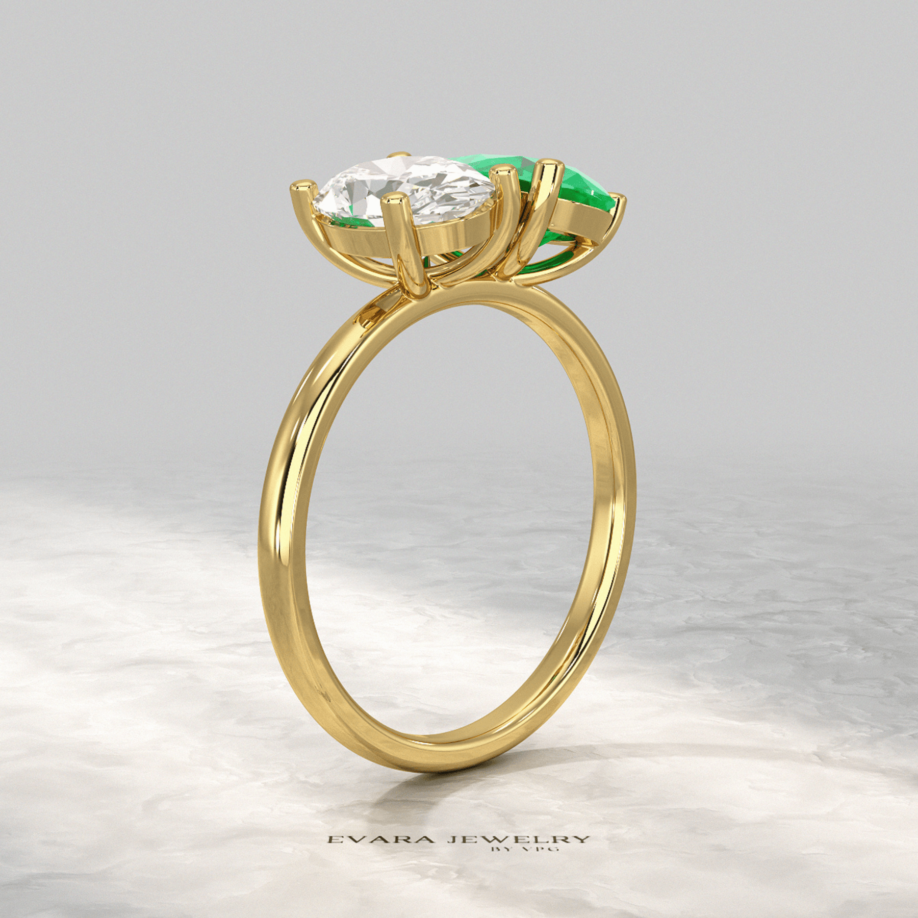 2.30 Carat Oval Cut Diamond & Pear Cut Emerald Toi Et Moi Two Stone Ring - Evara Jewelry LLC