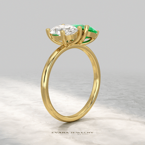 2.30 Carat Oval Cut Diamond & Pear Cut Emerald Toi Et Moi Two Stone Ring - Evara Jewelry LLC
