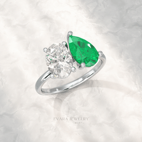 2.30 Carat Oval Cut Diamond & Pear Cut Emerald Toi Et Moi Two Stone Ring - Evara Jewelry LLC