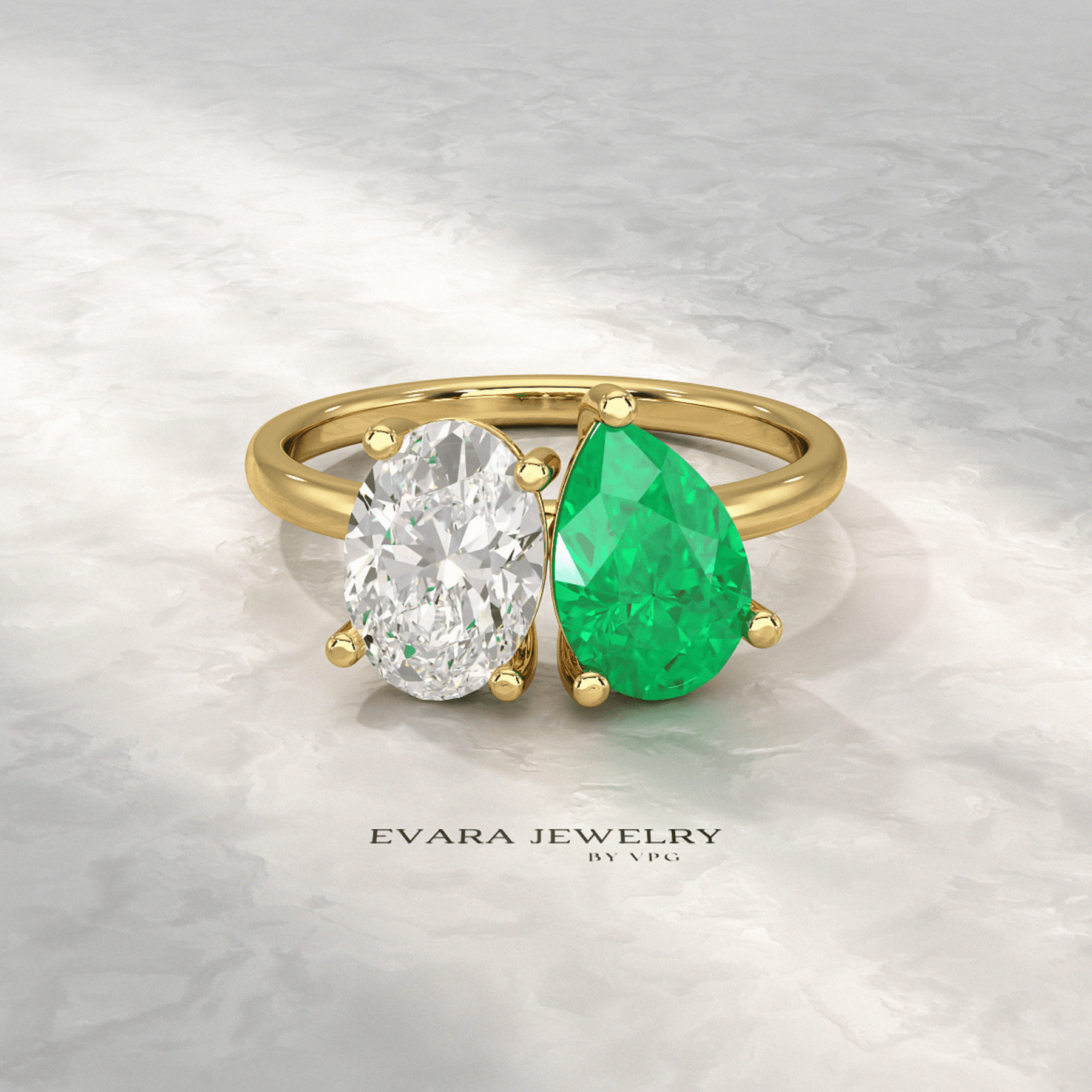 2.30 Carat Oval Cut Diamond & Pear Cut Emerald Toi Et Moi Two Stone Ring - Evara Jewelry LLC