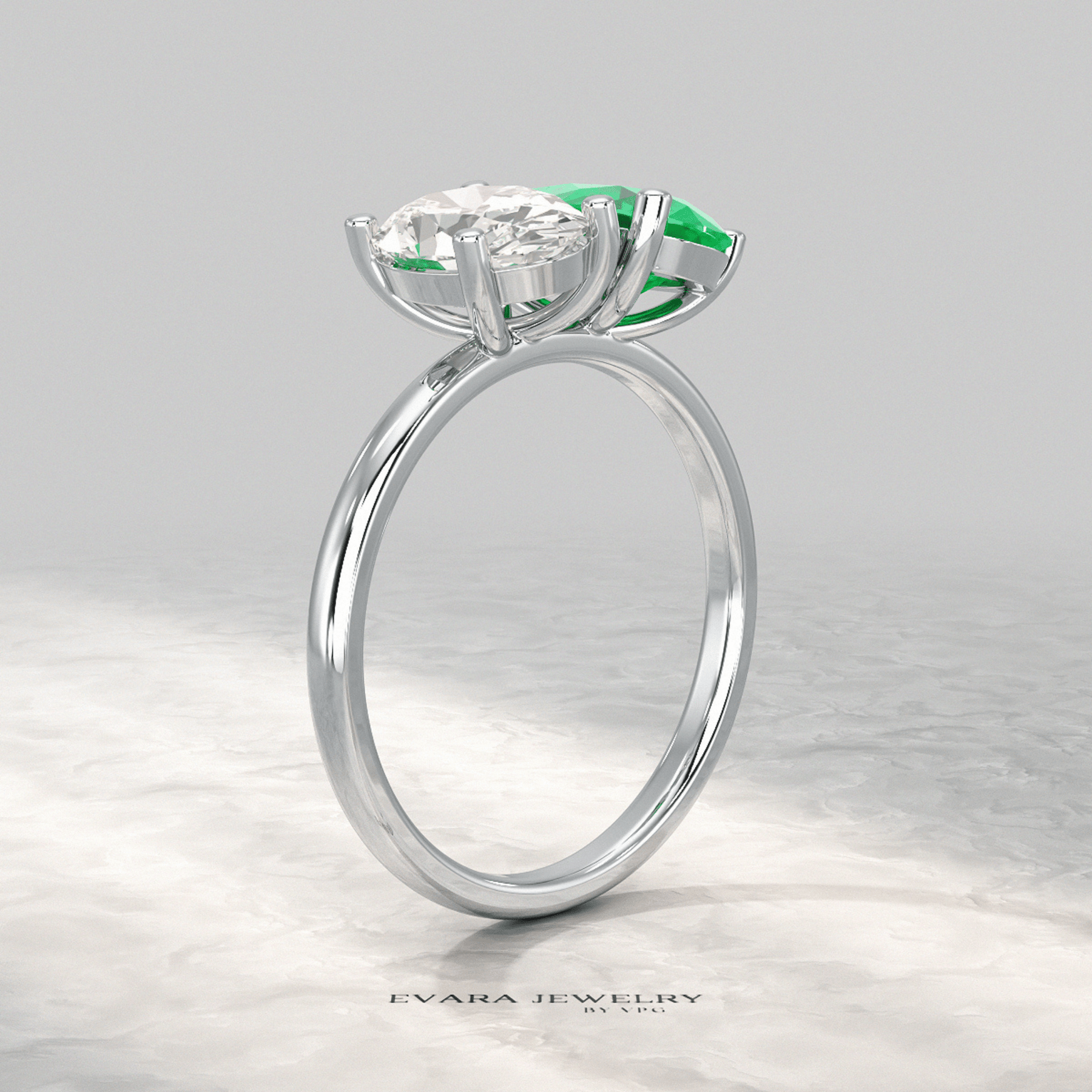 2.30 Carat Oval Cut Diamond & Pear Cut Emerald Toi Et Moi Two Stone Ring - Evara Jewelry LLC