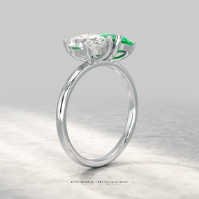 2.30 Carat Oval Cut Diamond & Pear Cut Emerald Toi Et Moi Two Stone Ring - Evara Jewelry LLC