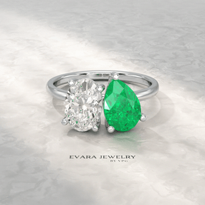 2.30 Carat Oval Cut Diamond & Pear Cut Emerald Toi Et Moi Two Stone Ring - Evara Jewelry LLC