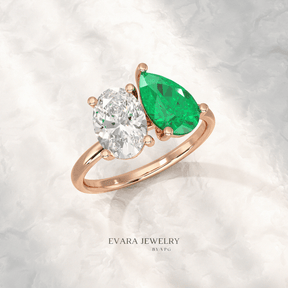 2.30 Carat Oval Cut Diamond & Pear Cut Emerald Toi Et Moi Two Stone Ring - Evara Jewelry LLC
