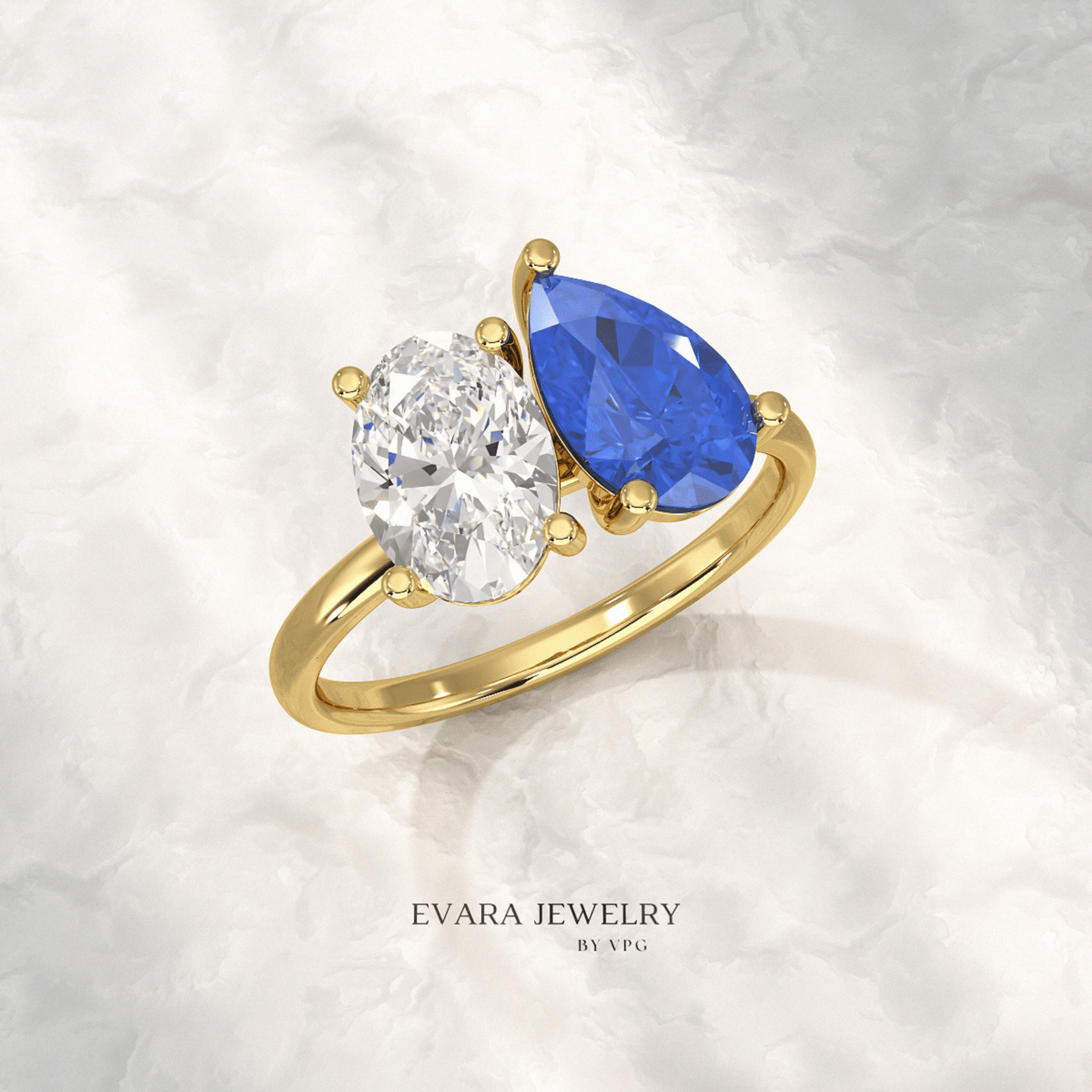 2.40 Carat Oval Cut Diamond & Pear Cut Blue Sapphire Toi Et Moi Two Stone Ring - Evara Jewelry LLC