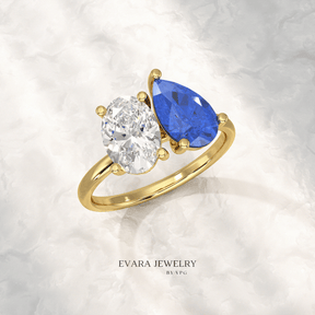 2.40 Carat Oval Cut Diamond & Pear Cut Blue Sapphire Toi Et Moi Two Stone Ring - Evara Jewelry LLC
