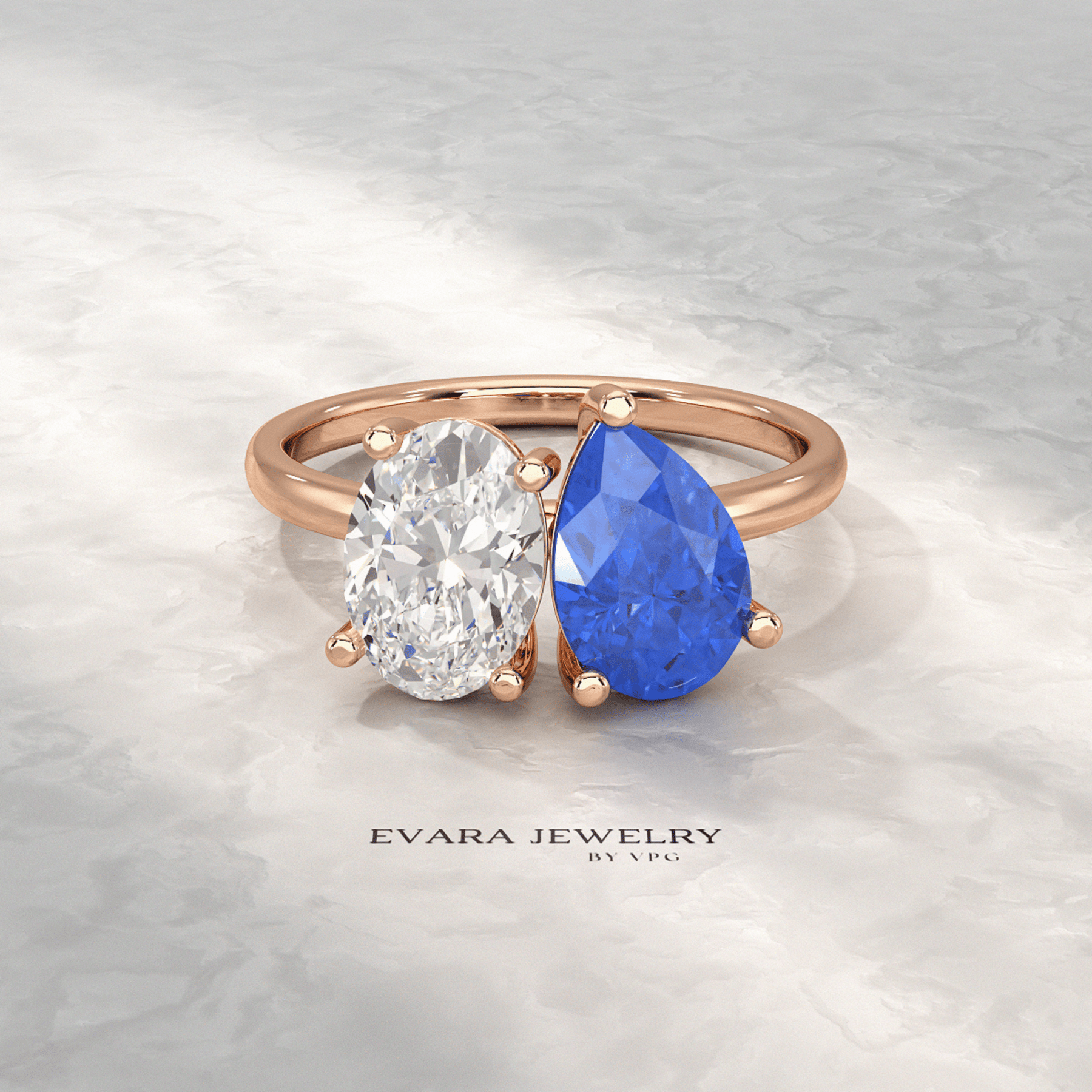 2.40 Carat Oval Cut Diamond & Pear Cut Blue Sapphire Toi Et Moi Two Stone Ring - Evara Jewelry LLC