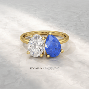 2.40 Carat Oval Cut Diamond & Pear Cut Blue Sapphire Toi Et Moi Two Stone Ring - Evara Jewelry LLC