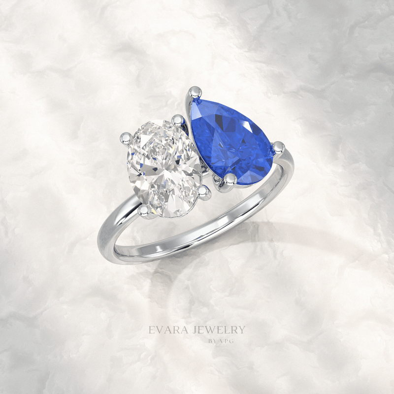 2.40 Carat Oval Cut Diamond & Pear Cut Blue Sapphire Toi Et Moi Two Stone Ring