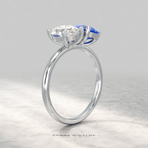 2.40 Carat Oval Cut Diamond & Pear Cut Blue Sapphire Toi Et Moi Two Stone Ring - Evara Jewelry LLC
