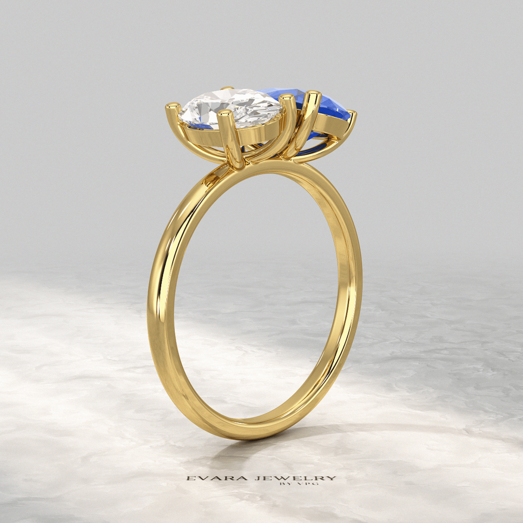 2.40 Carat Oval Cut Diamond & Pear Cut Blue Sapphire Toi Et Moi Two Stone Ring - Evara Jewelry LLC