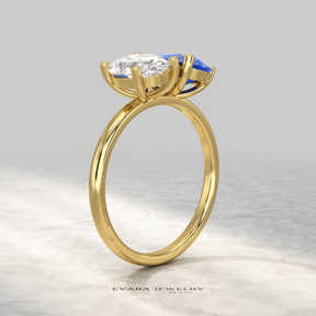 2.40 Carat Oval Cut Diamond & Pear Cut Blue Sapphire Toi Et Moi Two Stone Ring - Evara Jewelry LLC
