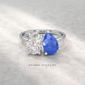 2.40 Carat Oval Cut Diamond & Pear Cut Blue Sapphire Toi Et Moi Two Stone Ring - Evara Jewelry LLC