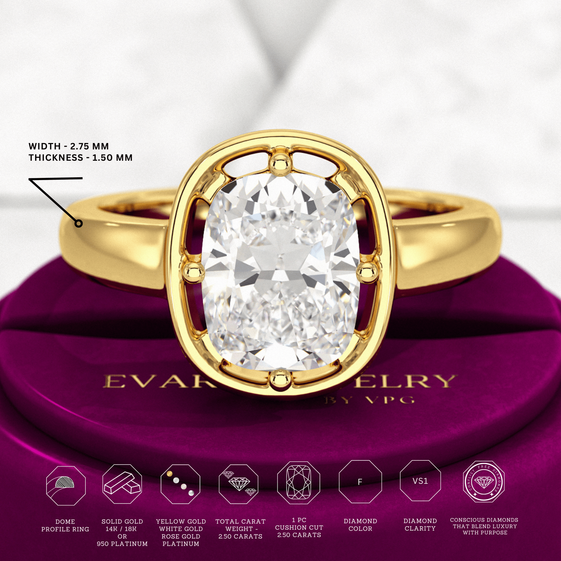 2.50 Carat Elongated Cushion Cut Diamond Minimalist Engagement Ring - Evara Jewelry LLC