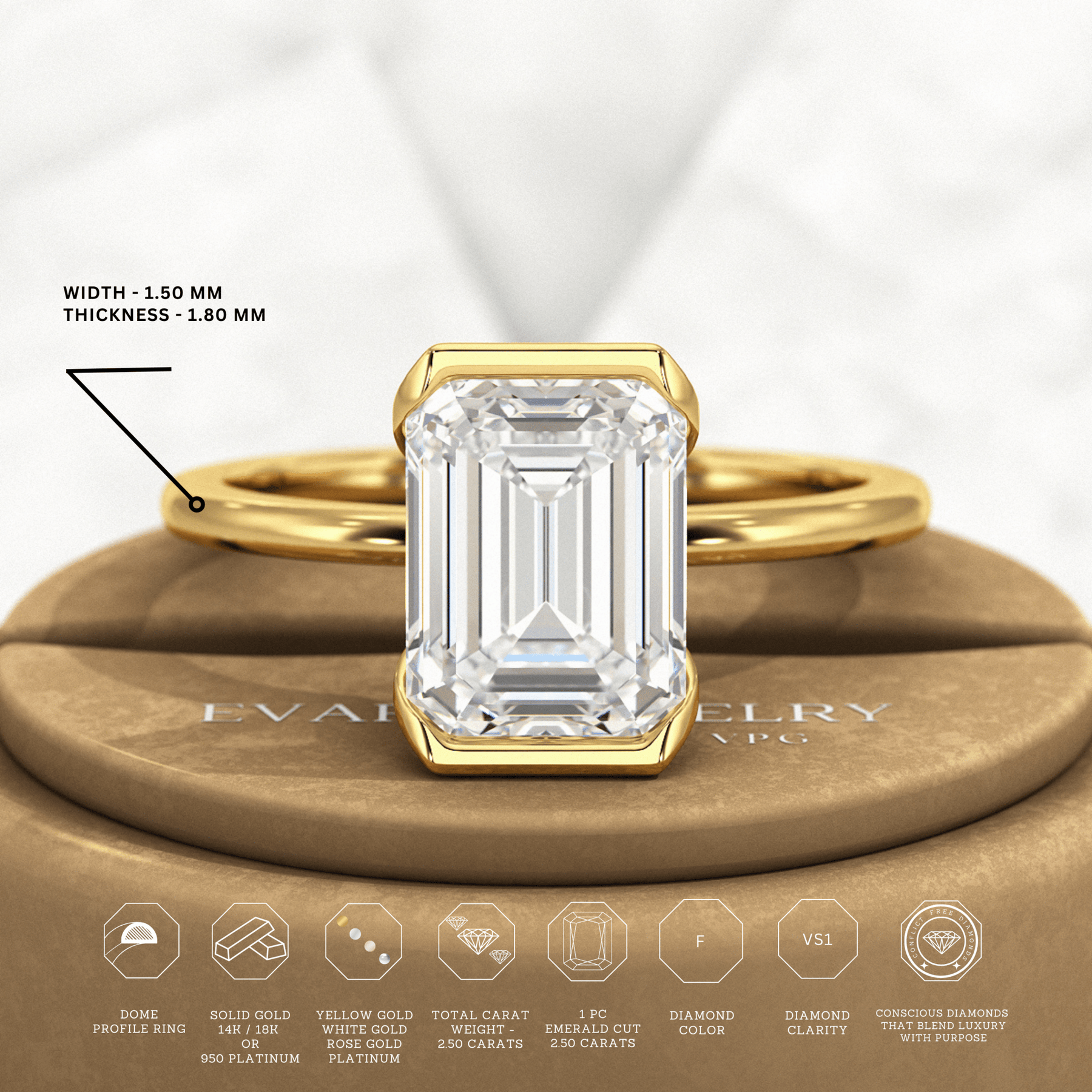 2.50 Carat Emerald Cut Half Bezel Engagement Ring - Evara Jewelry LLC