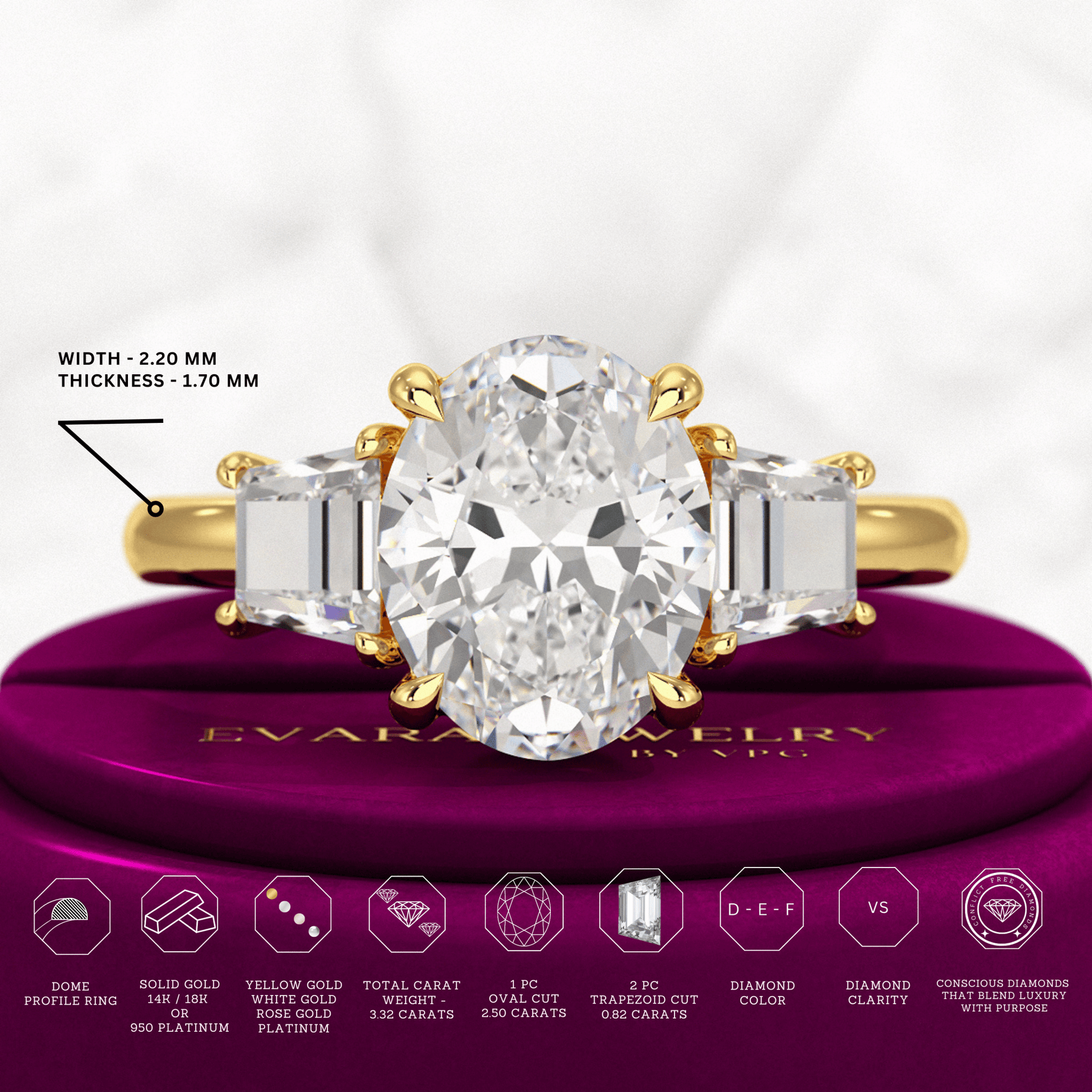 2.50 Carat Oval Diamond Three Stone Engagement Ring - Evara Jewelry LLC