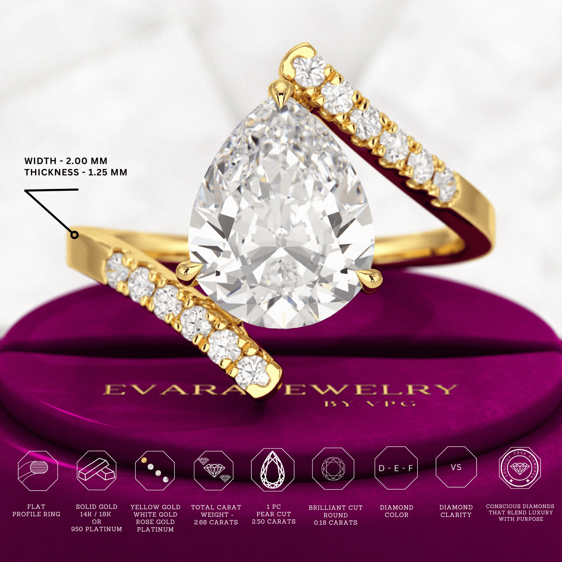 2.50 Carat Pear Cut Diamond Art Deco Statement Ring - Evara Jewelry LLC