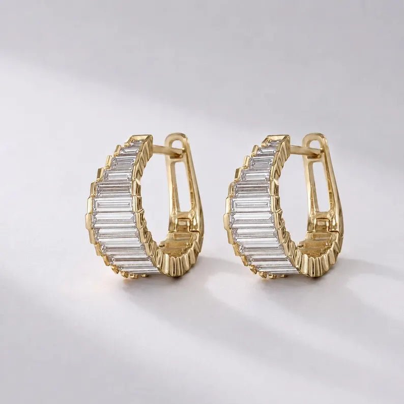 2.76 Carat Lab Grown Diamond Baguette Earrings: 14K Solid Gold, Diamond Art Deco Hoops - Evara Jewelry LLC