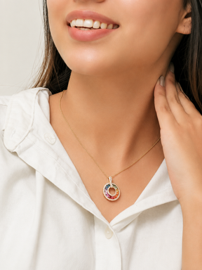 Natural Rainbow Sapphire and Lab-Grown Diamond Circle Pendant Necklace in 14K Gold