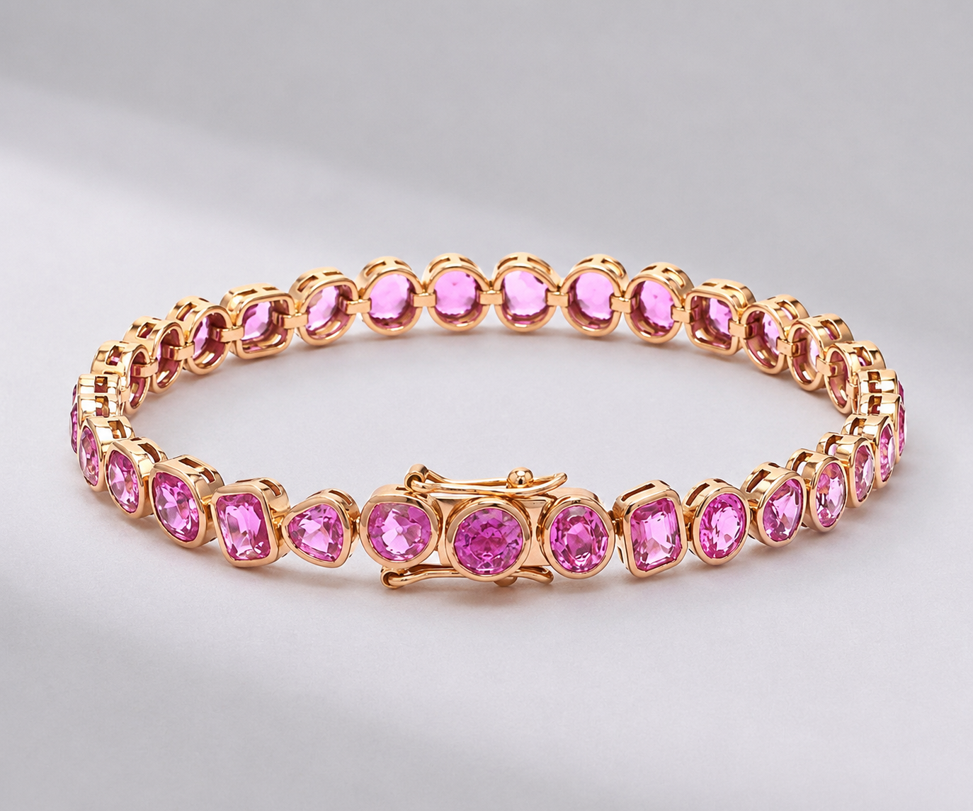 12 Carat Natural Pink Sapphire Mixed-Shape Tennis Bracelet in 14K Gold