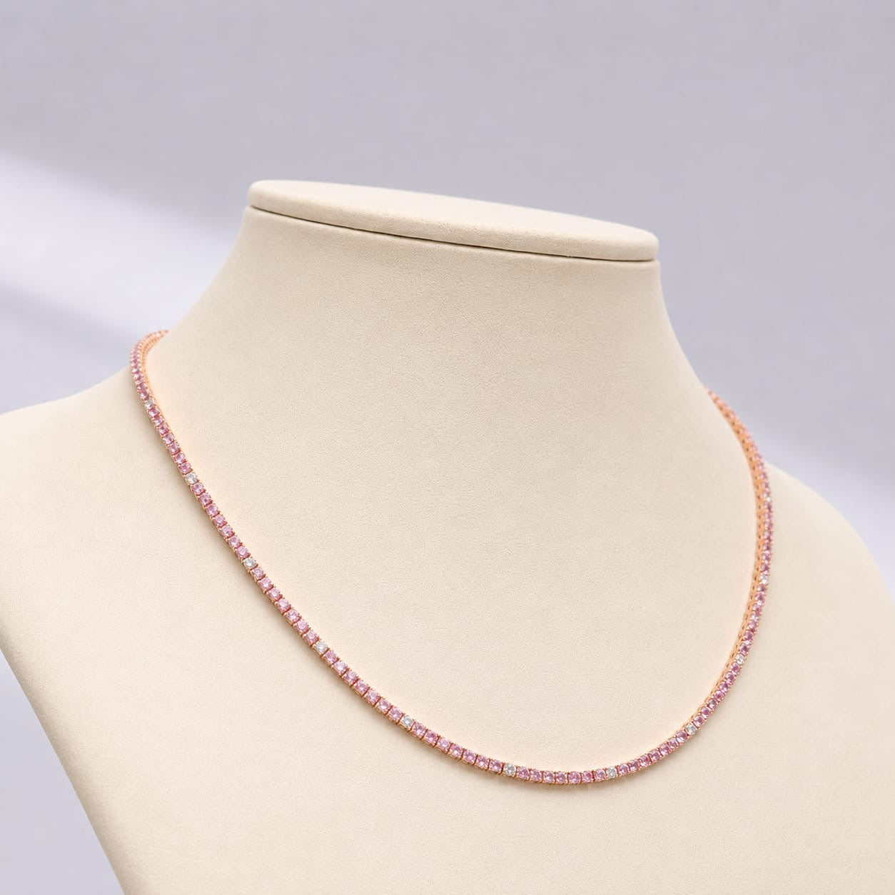9 Carat Natural Pink Sapphire and Diamond Tennis Choker Necklace in 14K Solid Gold