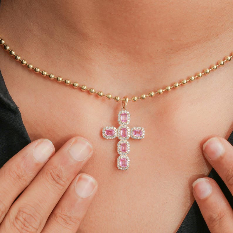 Natural Emerald-Cut Pink Sapphire and Diamond Halo Cross Pendant in 14K Gold