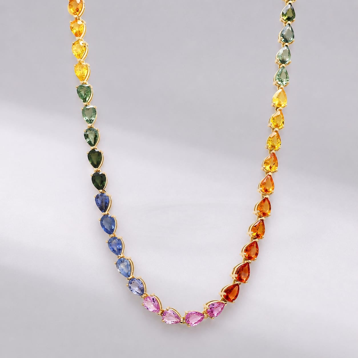 44 Carat Natural Pear-Cut Rainbow Sapphire Prong-Set Tennis Necklace