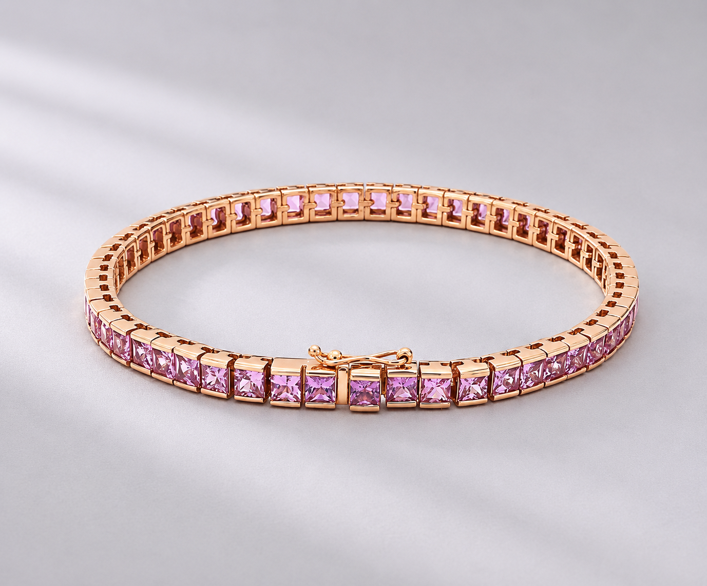 Natural Pink Sapphire Channel Set Half Bezel Bracelet: Princess cut Tennis Bracelet in 18K Gold