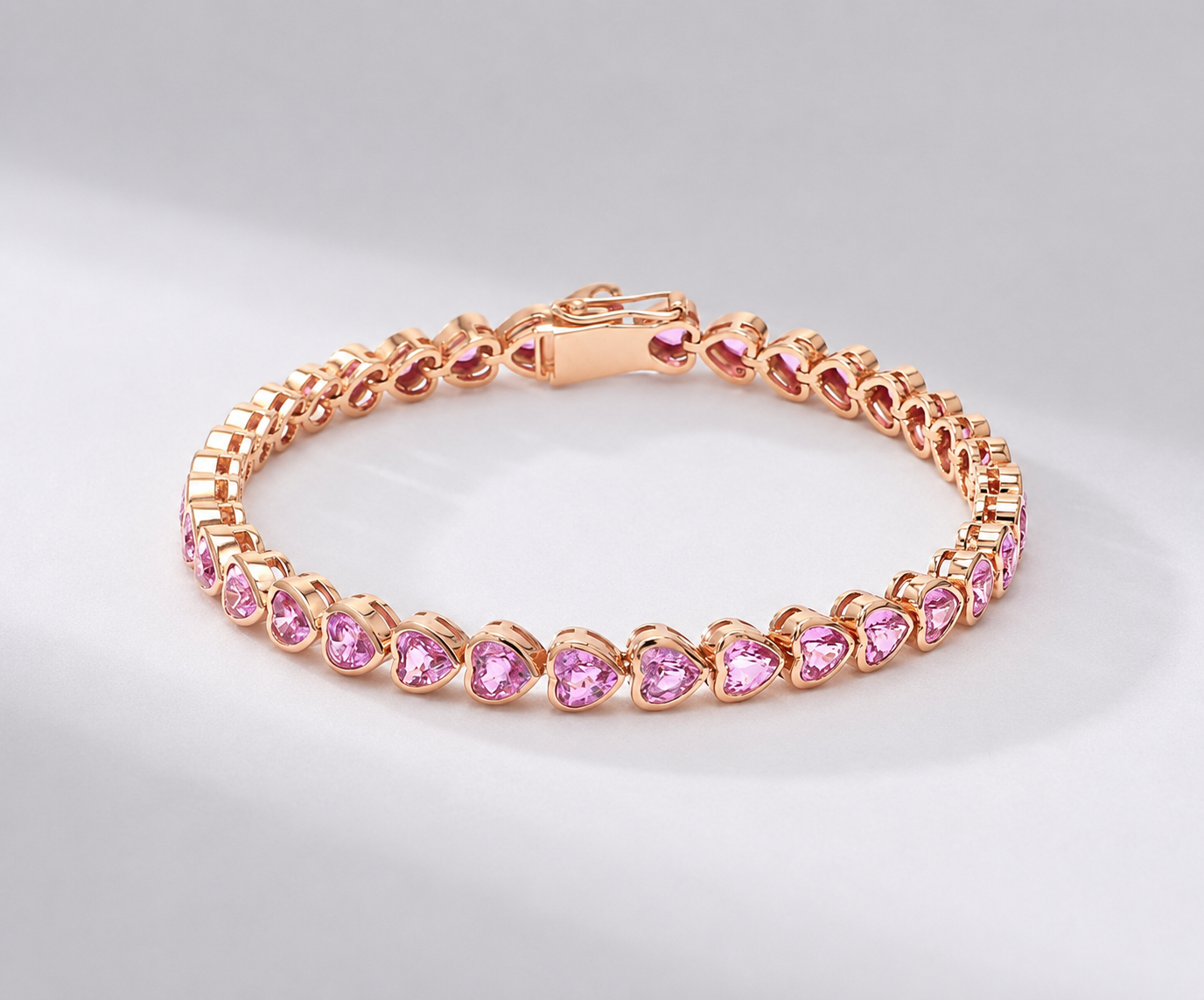 11 Carat Heart-Cut Natural Pink Sapphire Bezel Bracelet in 14K Gold