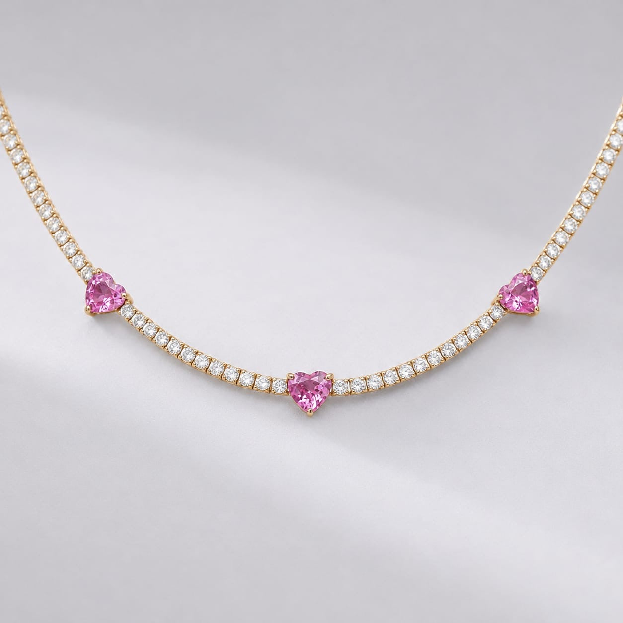 Natural Heart-Cut Pink Sapphire and Lab-Grown Diamond Tennis Necklace