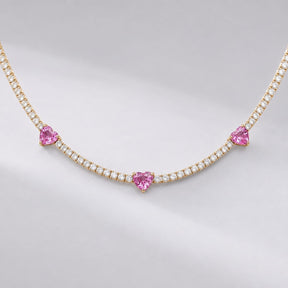 Natural Heart-Cut Pink Sapphire and Lab-Grown Diamond Tennis Necklace