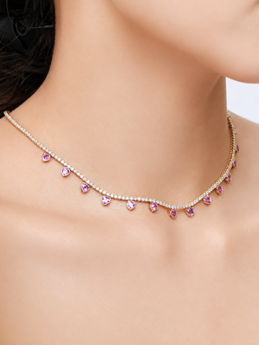 Natural Pink Sapphire Heart Charm and Lab-Grown Diamond Tennis Necklace in Rose Gold