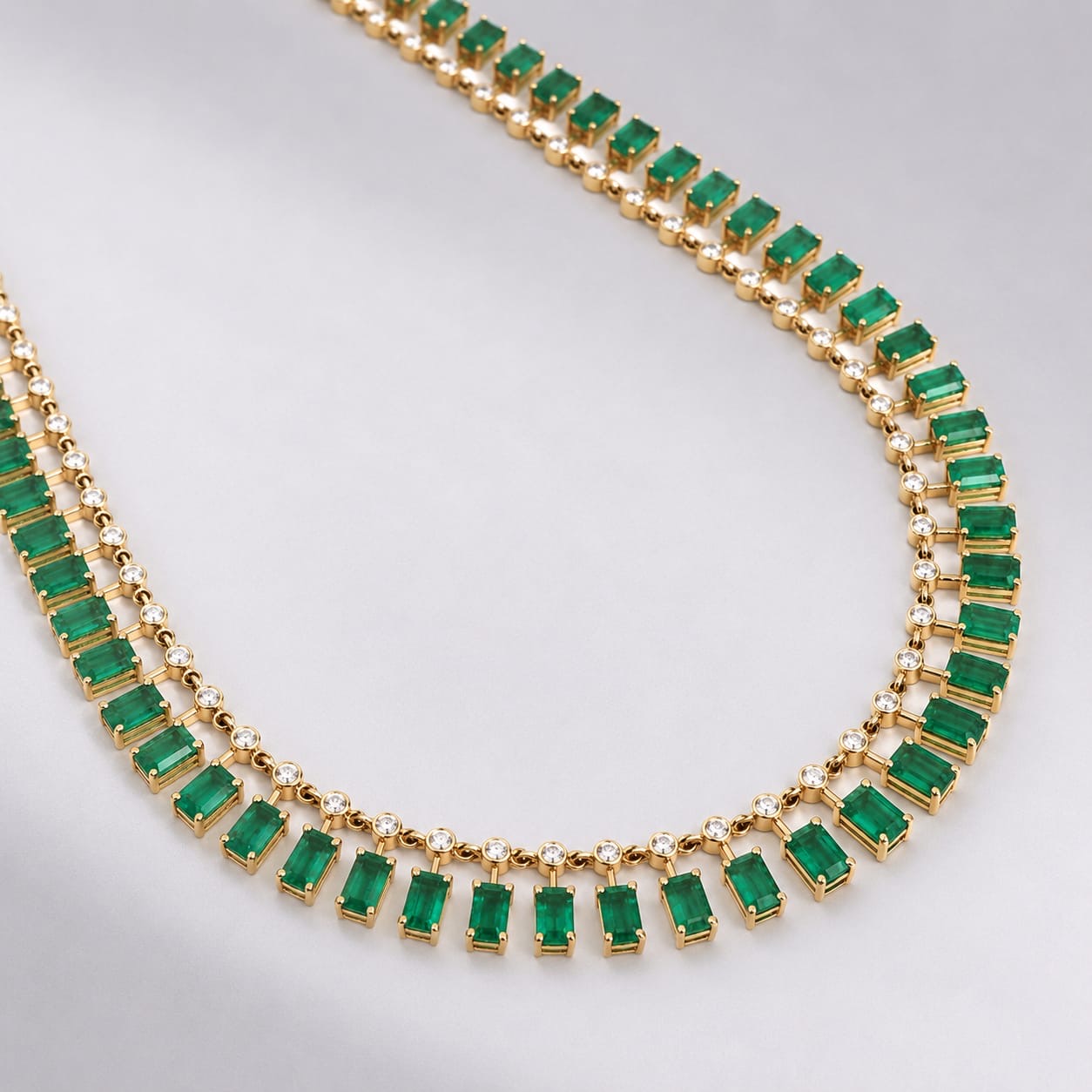 14K Gold Natural Emerald & Diamond Dot Dash Choker Necklace