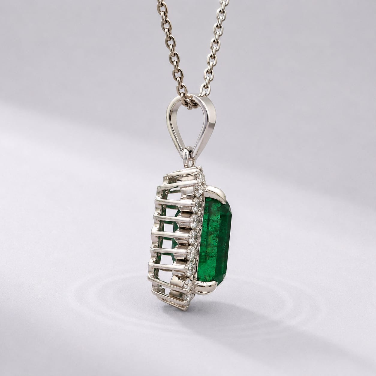5 Carat Natural Emerald-Cut Emerald and Diamond Halo Pendant Necklace in 14K Gold
