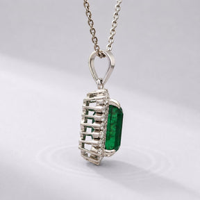 5 Carat Natural Emerald-Cut Emerald and Diamond Halo Pendant Necklace in 14K Gold