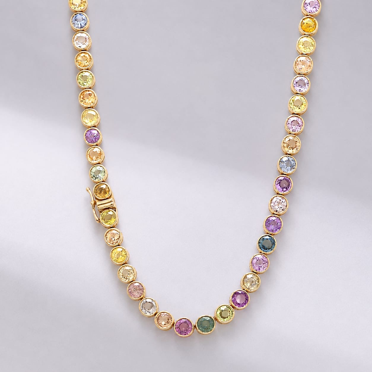 39 Carat Natural Pastel Rainbow Sapphire Bezel-Set Tennis Necklace