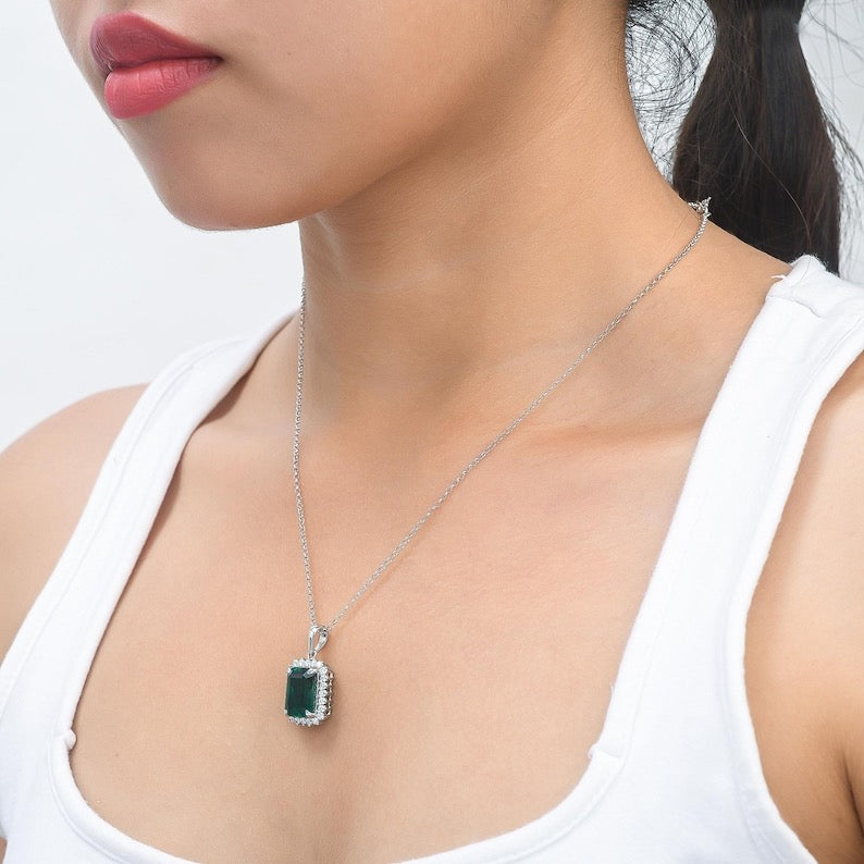 5 Carat Natural Emerald-Cut Emerald and Diamond Halo Pendant Necklace in 14K Gold
