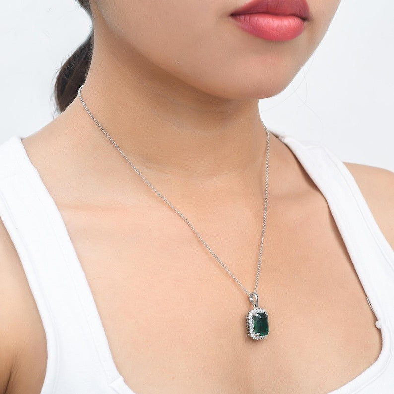 5 Carat Natural Emerald-Cut Emerald and Diamond Halo Pendant Necklace in 14K Gold