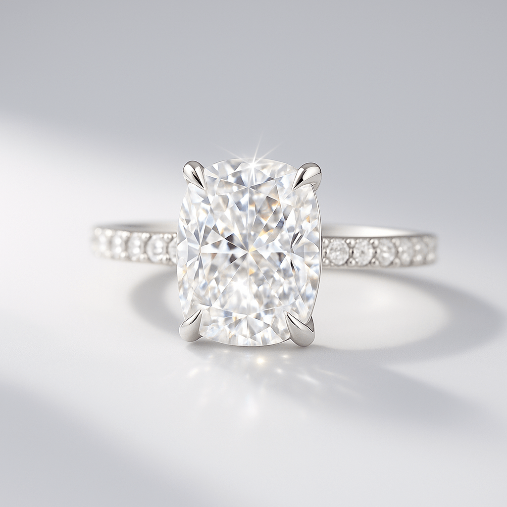 3 Carat Cushion Cut Diamond Engagement Ring with Pave Band - Evara Jewelry LLC