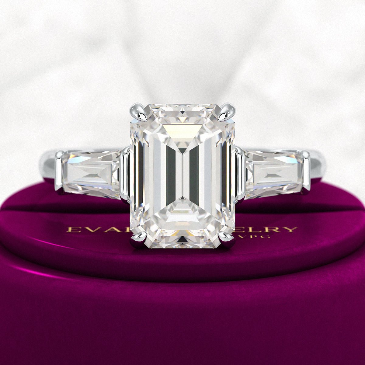 3 Carat Emerald Cut Lab Grown Diamond Three Stone Ring - Evara Jewelry LLC