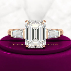 3 Carat Emerald Cut Lab Grown Diamond Three Stone Ring - Evara Jewelry LLC