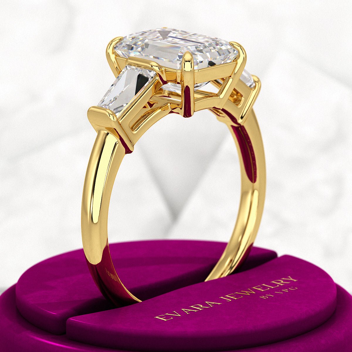 3 Carat Emerald Cut Lab Grown Diamond Three Stone Ring - Evara Jewelry LLC
